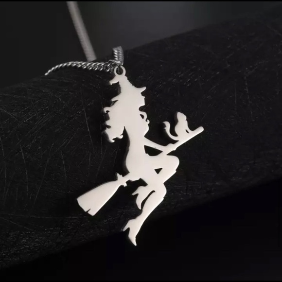 Vintage Witch Broom Cat Stainless Steel Necklace - Picture 10 of 16